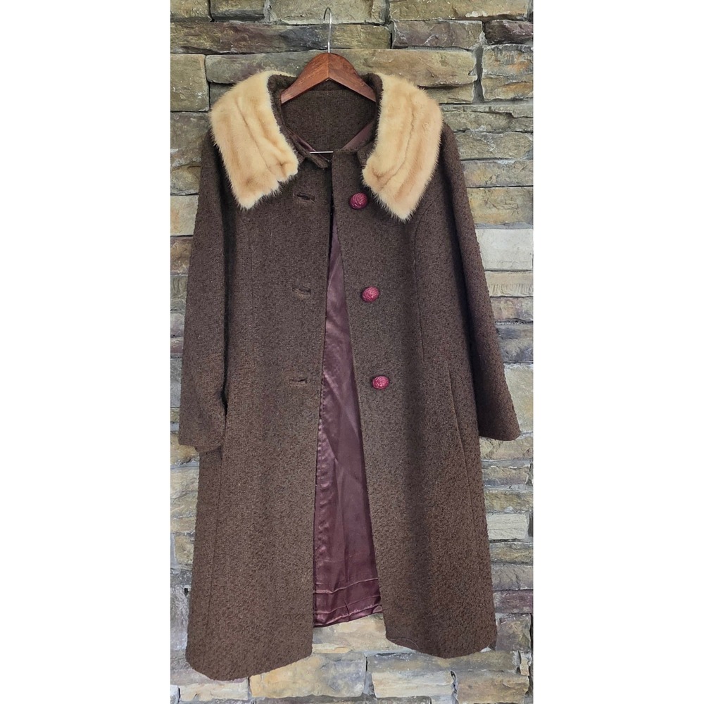 VTG RARE 60s Knubby Boucle Wool Tweed Mobwife Swing Coat Mink Fur Collar